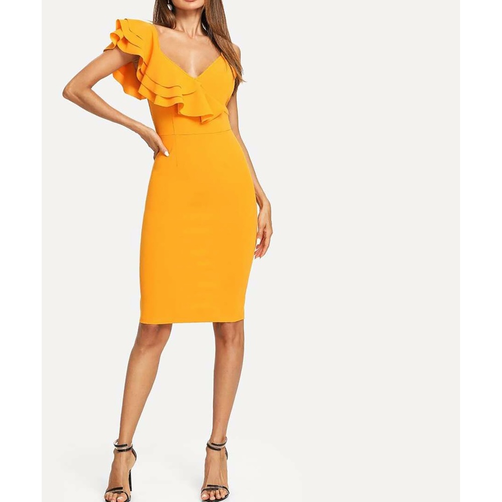 Yellow Ruffle Sleeve Bodycon Pencil Midi Dress - Picture 6 of 7